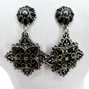 Brighton Clear Rhinestone Black Enamel Danale Medallion Pierced Earrings 2 inch